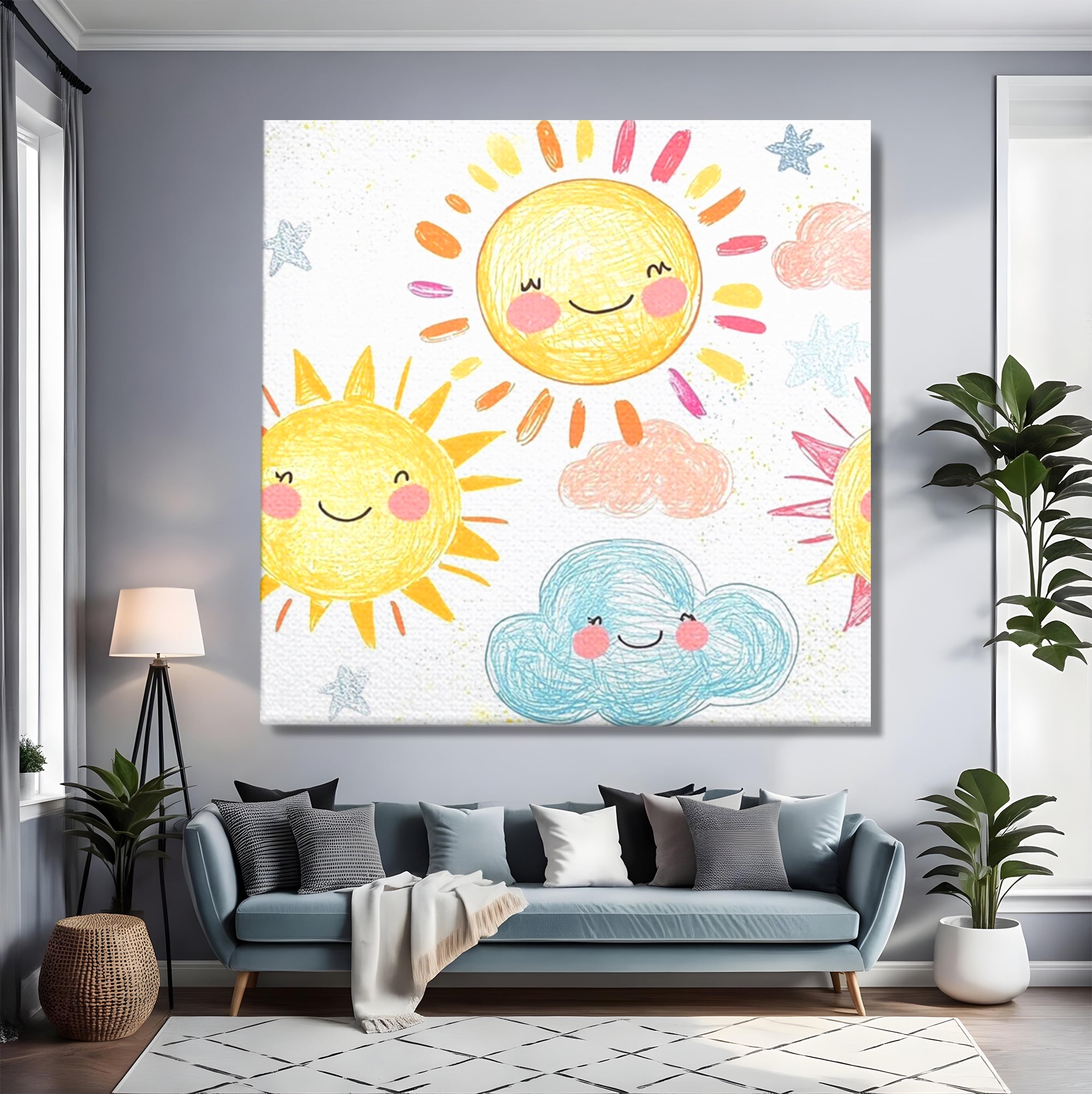 Tablou canvas cu ilustratie cu soori zambitori si nori, fara rama, pe sasiu de lemn, pe perete intr-un living